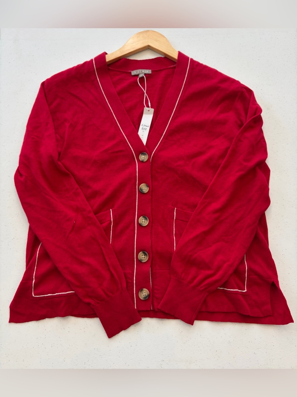Lilla P Red V-Neck Button Cardigan with White Piping